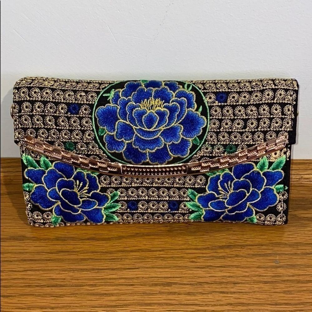 Purse Wallet Floral Blue and Gold Embroidery